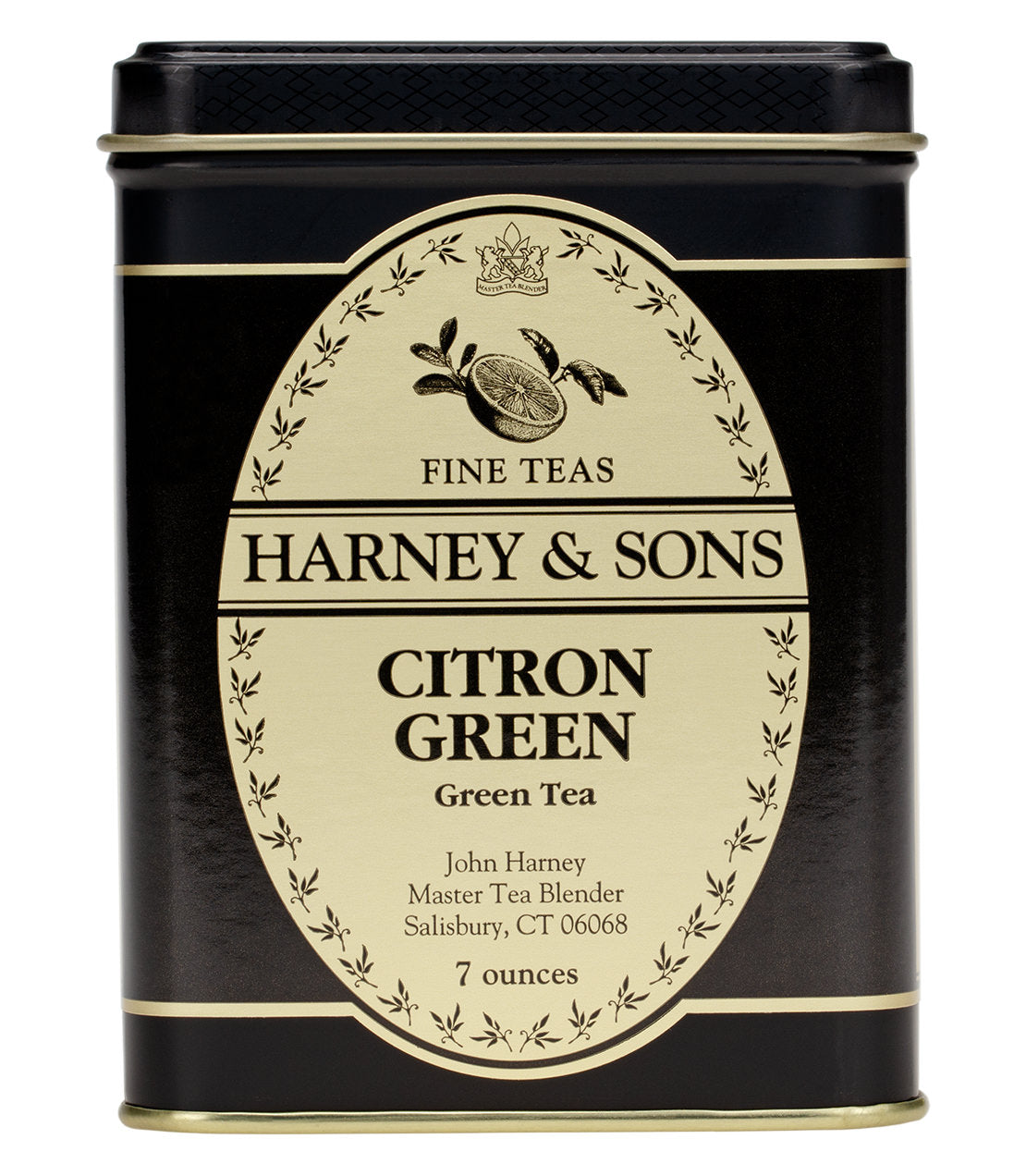Harney & Sons Citron Green tea tin, 7 ounces, featuring a black and gold design with elegant branding.