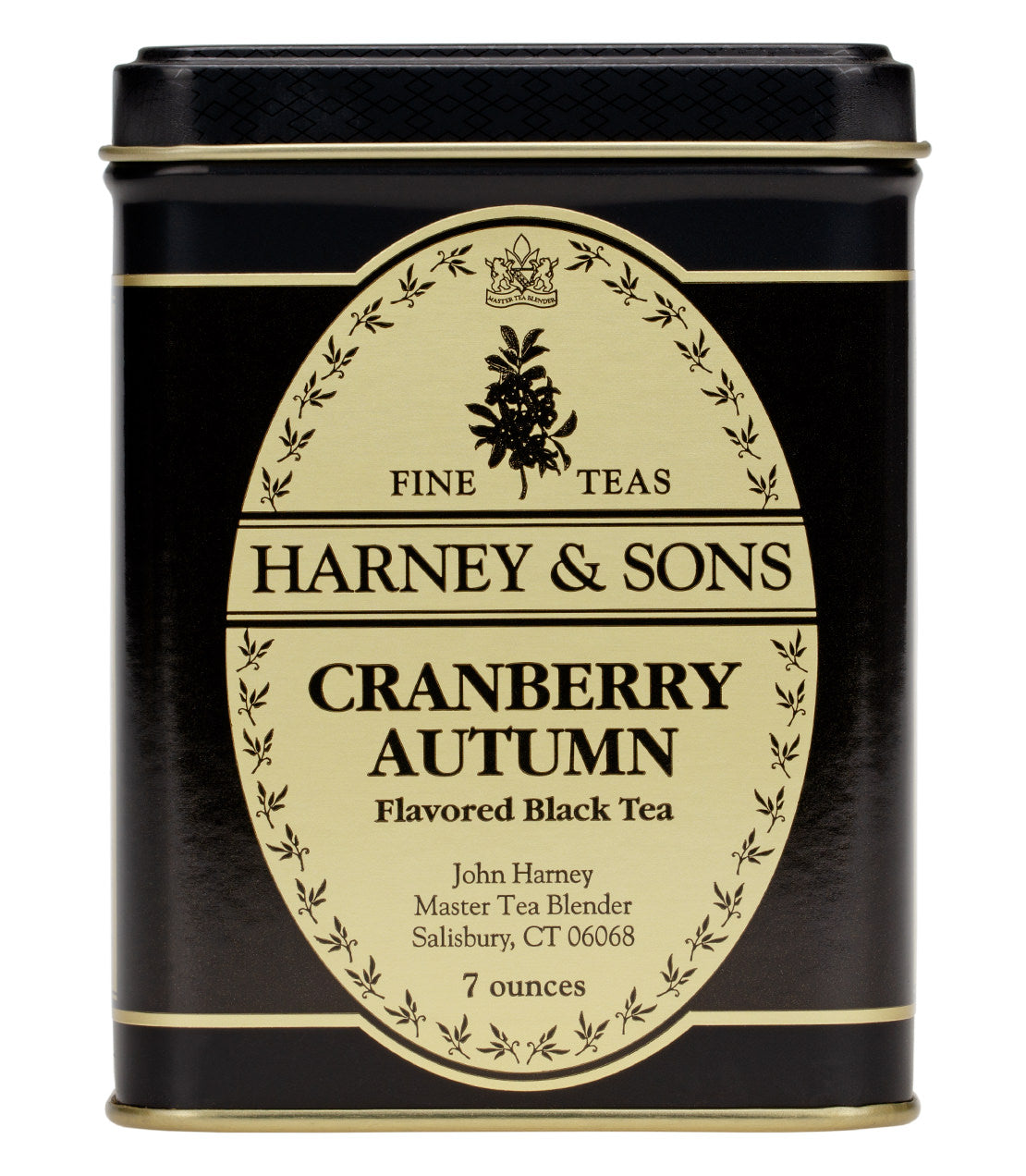 Black tea tin labeled "Cranberry Autumn" by Harney & Sons, featuring a decorative gold and black design.
