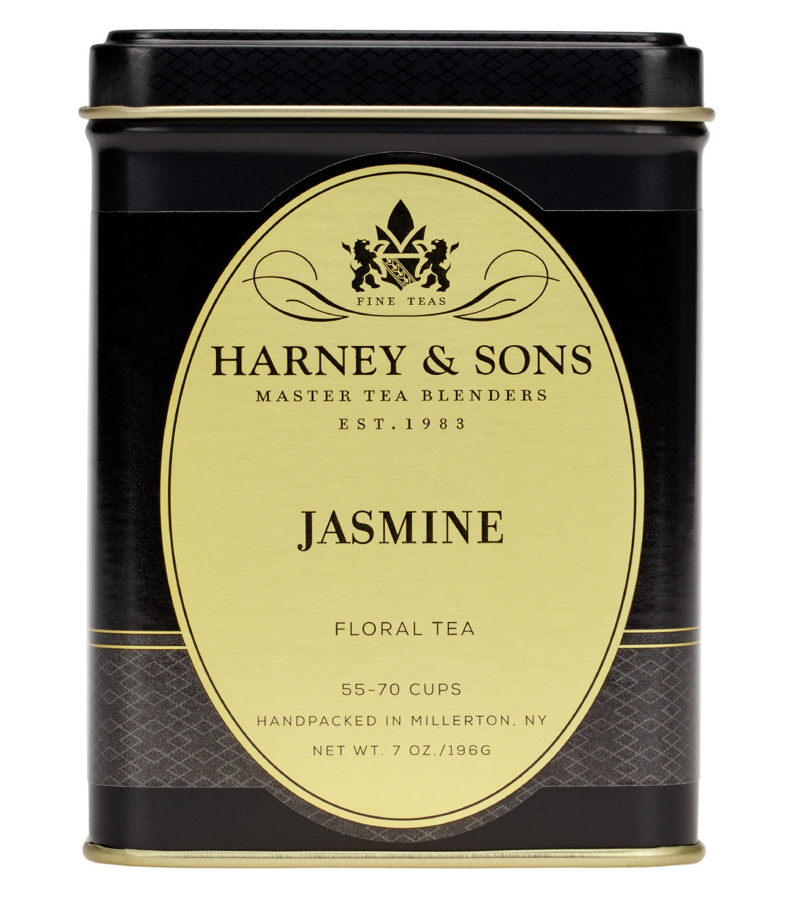 Harney & Sons Jasmine Tea tin, 7 oz, featuring elegant floral design and details about cup yield.