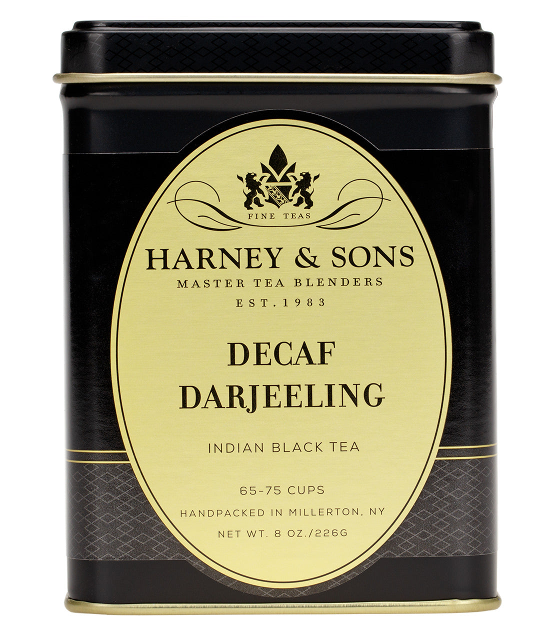 Harney & Sons Decaf Darjeeling tea tin, 8 oz, featuring elegant design and details about the tea.