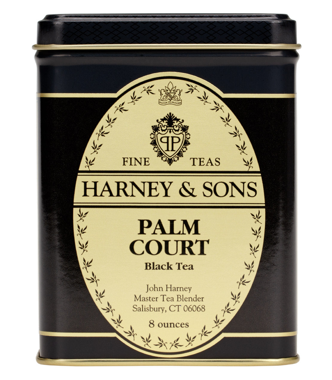 Black tea tin labeled "Palm Court" by Harney & Sons, featuring an elegant design and 8-ounce capacity.