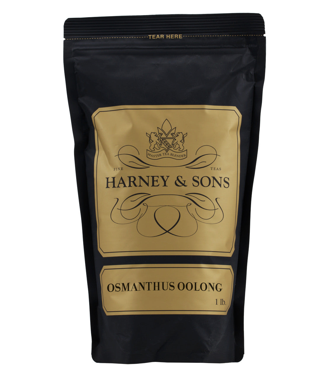 Black packaging of Harney & Sons Osmanthus Oolong tea, featuring gold accents and a 1 lb label.