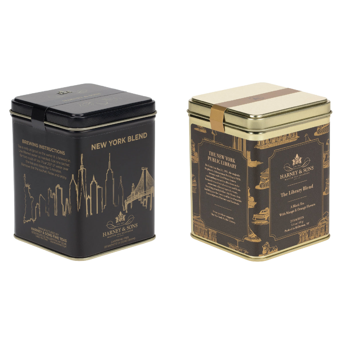 Two tea tins with 'New York Blend' and 'New York Public Library' branding on a white background