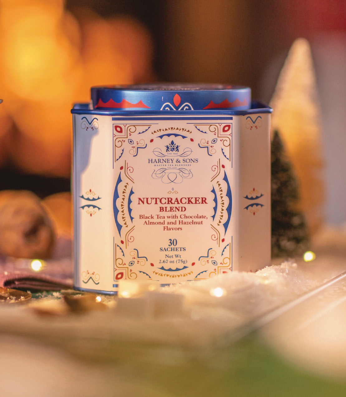 Nutcracker Blend tea tin with 30 sachets, featuring black tea with chocolate, almond, and hazelnut flavors.