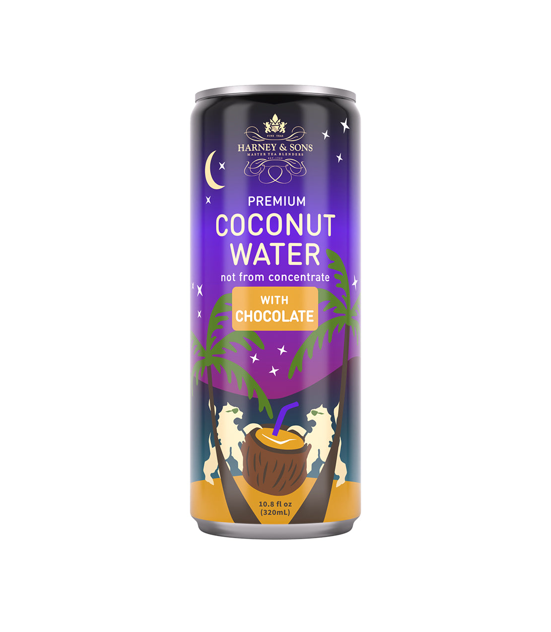 Harney & Sons Fine Teas- Coconut Water with Chocolate- Not From Concentrate- 10.8 fl oz purple can depicting night scene on a beach