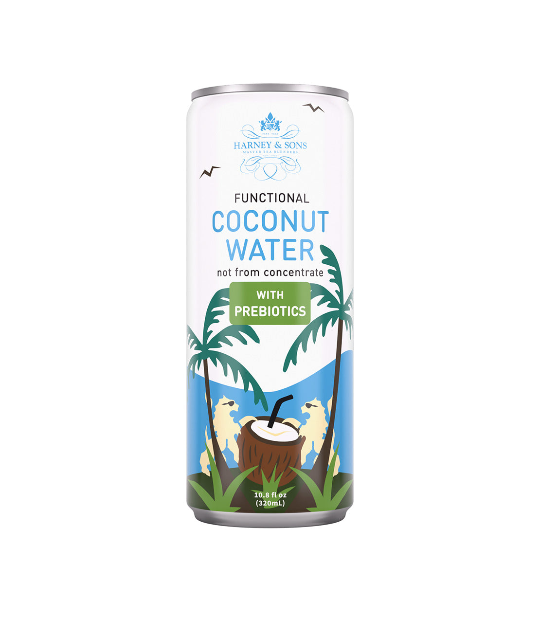 Harney & Sons Fine Teas- Functional Coconut Water- Not From Concentrate- With Prebiotics- 10.8 fl oz white can depicting beach scene with lions and a coconut