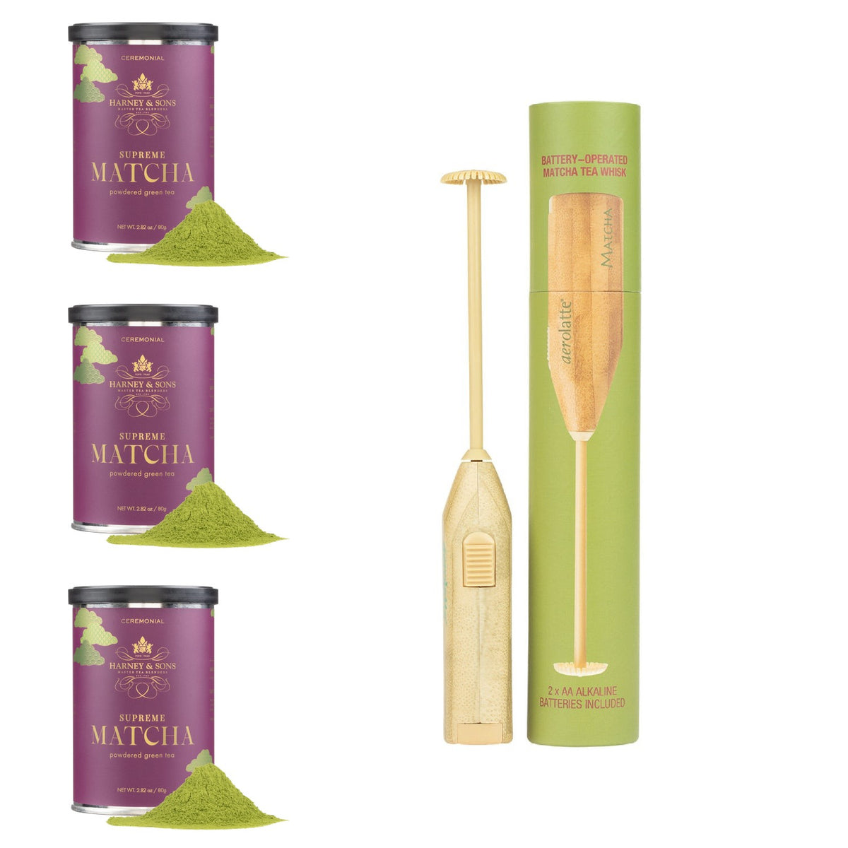 Three tins of Supreme Matcha with matcha powder, a battery-operated matcha whisk, and its box on a white background.