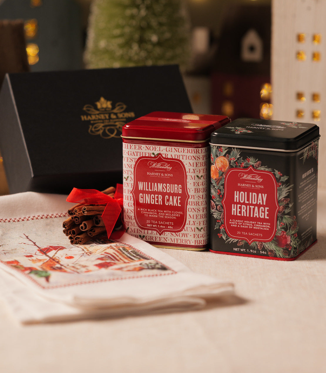 Williamsburg Holiday Heritage tea, Ginger Cake tea, and tea towel.