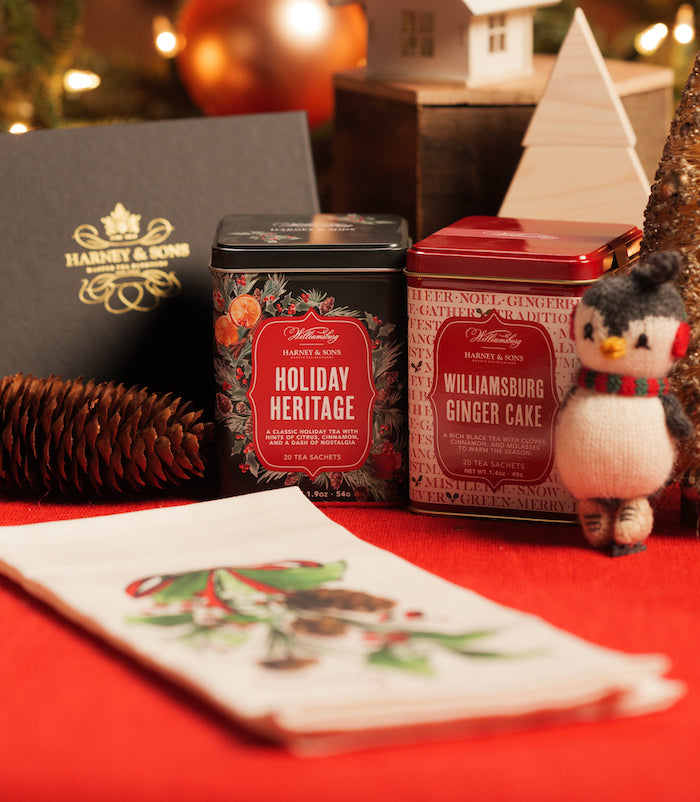 Williamsburg Holiday Heritage tea, Ginger Cake tea, and tea towel.