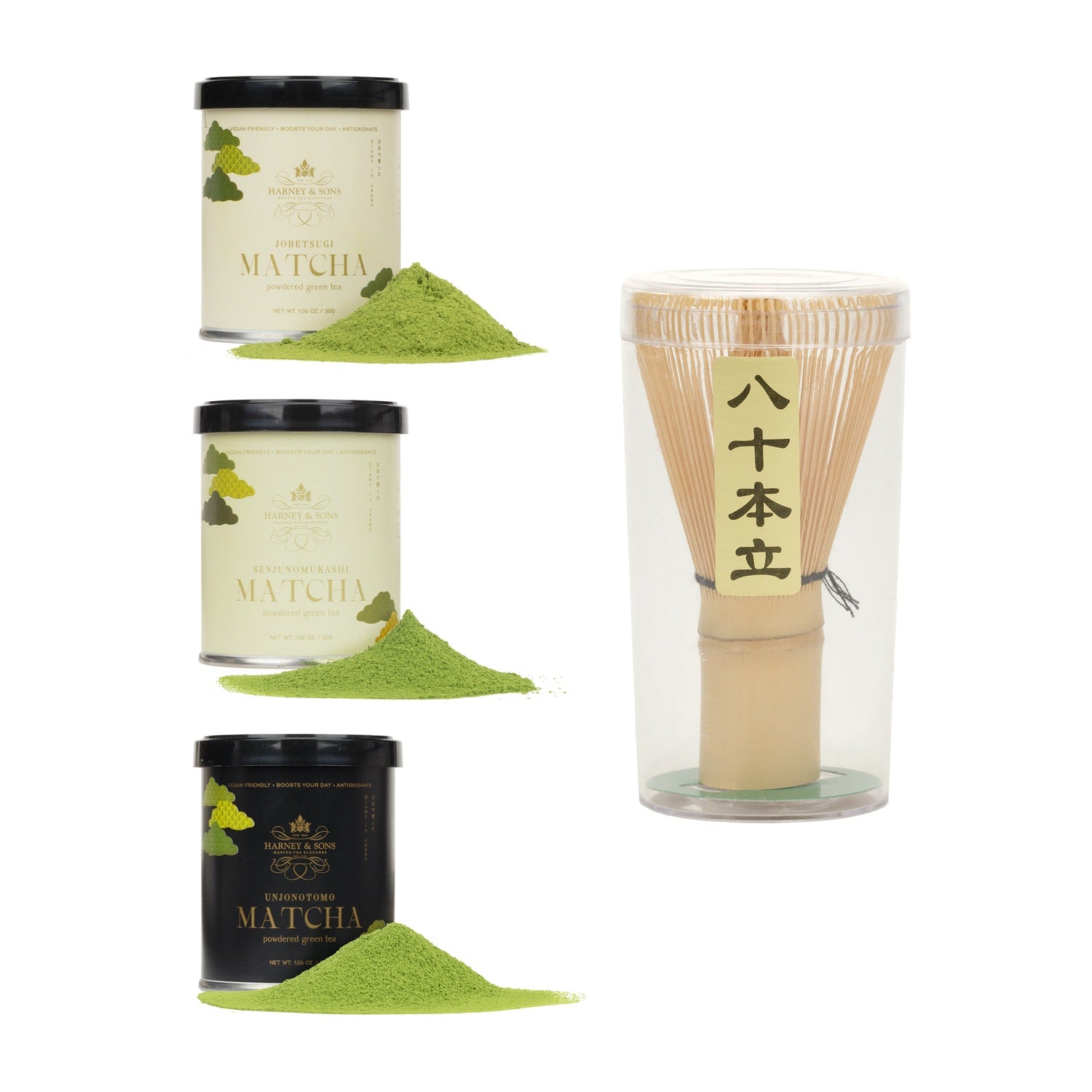 Jobetsugi, Senjunomukashi, and Unjonotomo ceremonial matcha tins beside a bamboo whisk
