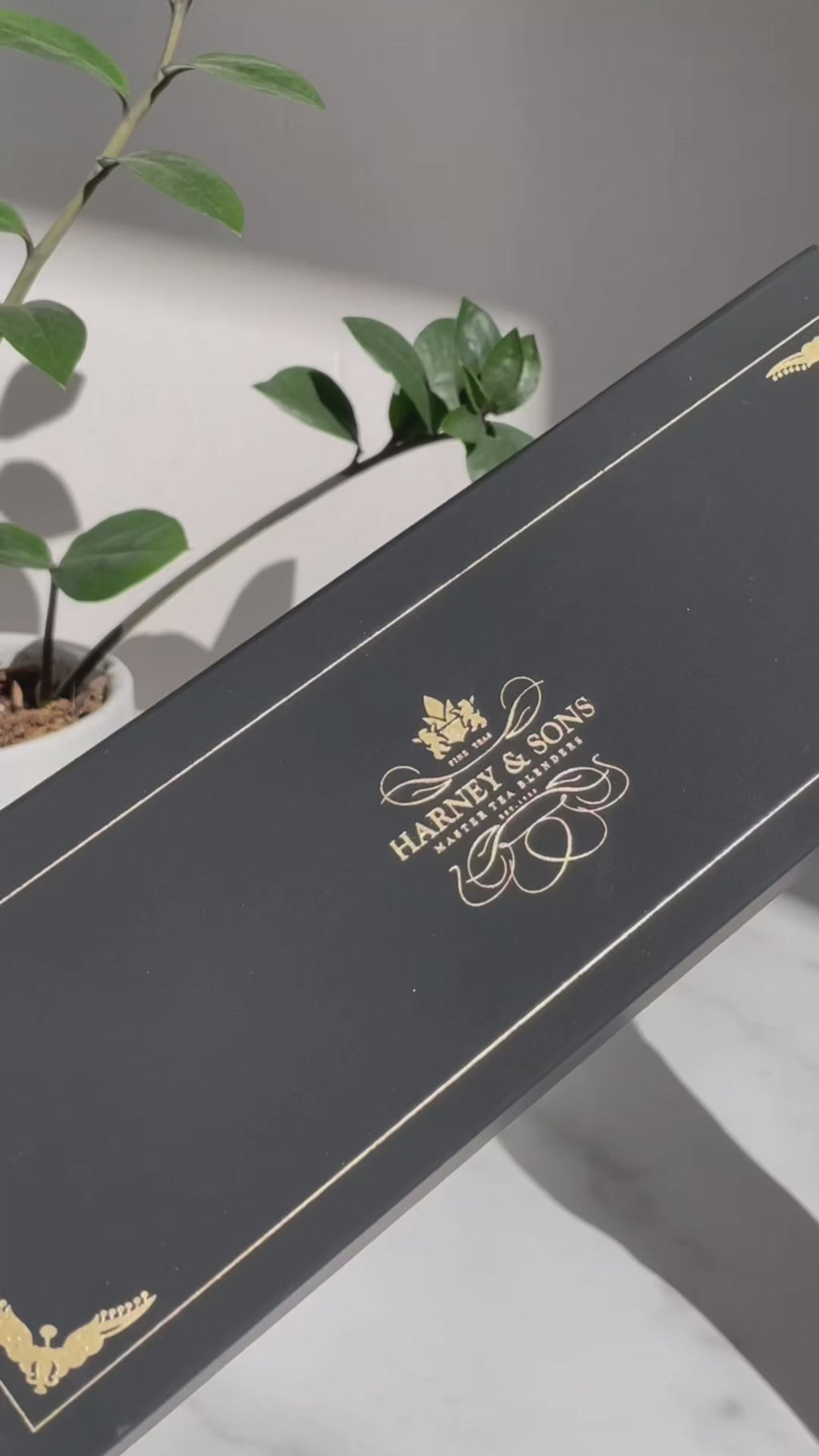 Harney & Sons Fine Teas- Teabag & Honey Sampler- Video: the black and gold gift box opens to rows of brightly wrapped teabags, including English Breakfast, Egyptian Chamomile, and Decaf Earl Grey. An Organic Earl Grey Supreme teabag is chosen, brewed in a clear glass mug, lifted out with gold tongs, and finished with a pour of milk.