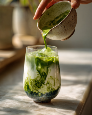 Hand pouring a green liquid from a ceramic cup into a glass with ice on a marble surface.