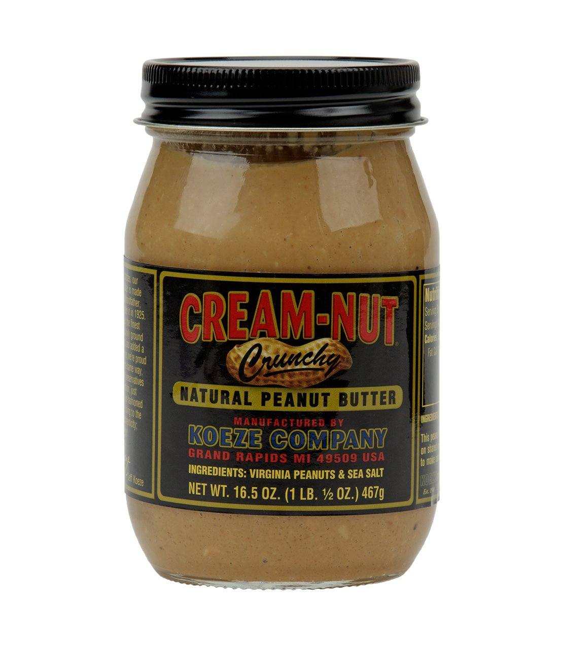 Koeze Cream-Nut Crunchy Peanut Butter jar, 16.5 oz, featuring natural ingredients and assorted flavors.