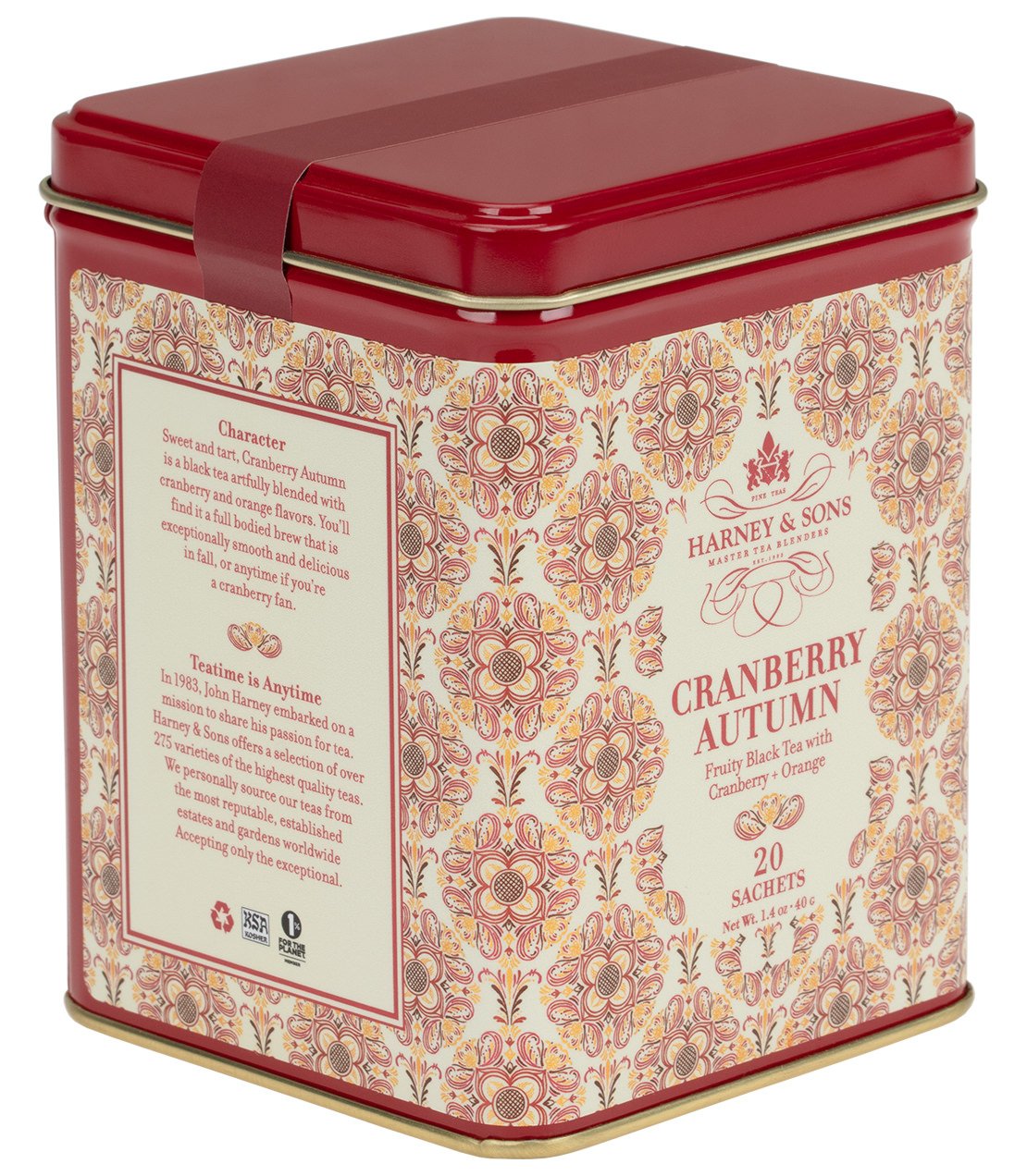 Red tin of 20 sachets of Cranberry Autumn tea, featuring a floral design and flavor notes of cranberry and orange.