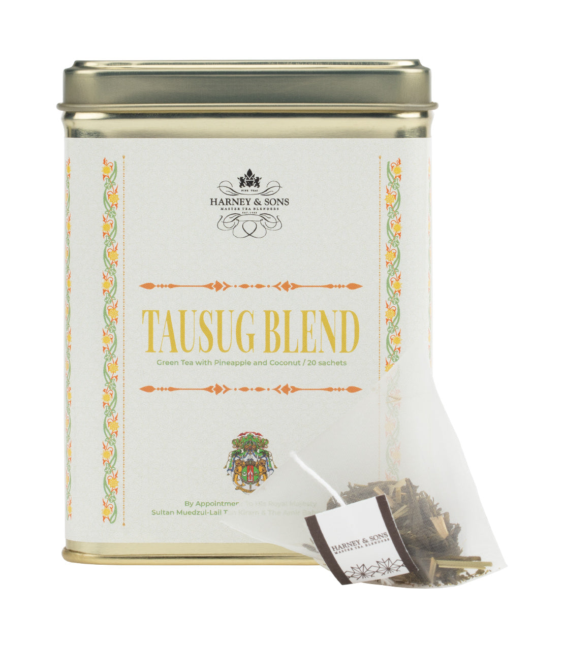 "Tausug Blend tea tin with 20 sachets, featuring green tea with pineapple and coconut flavors.