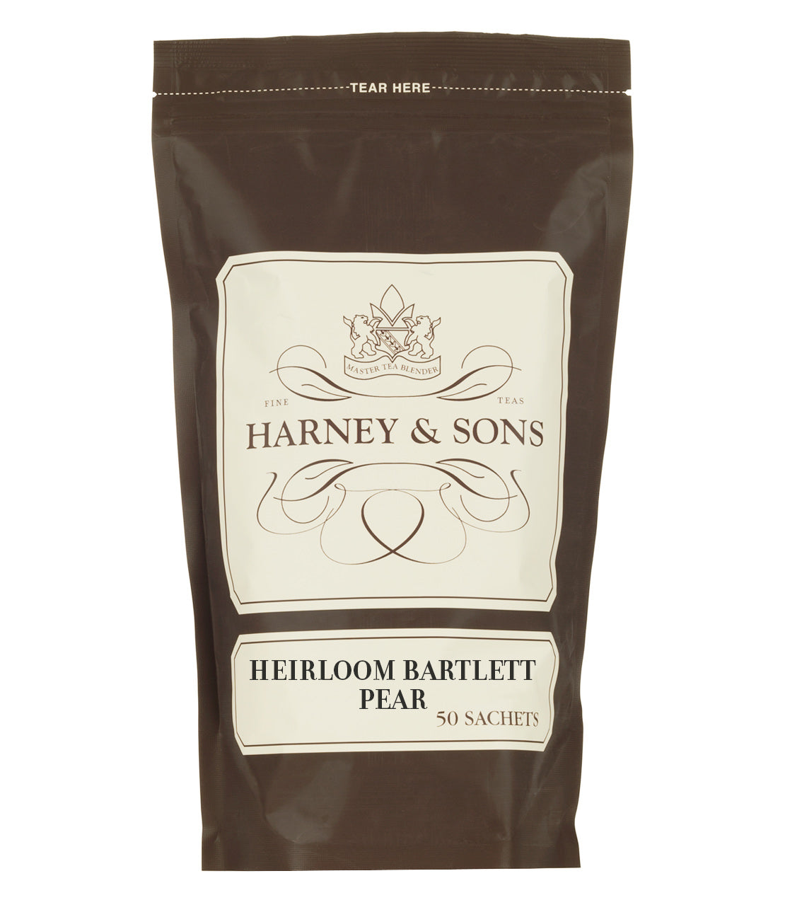 Brown tea sachet bag labeled "Heirloom Bartlett Pear" by Harney & Sons, containing 50 tea sachets.
