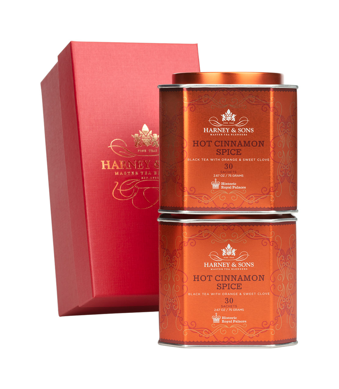 Red Hot Duo Gift featuring two tins of Harney & Sons Hot Cinnamon Spice tea in a decorative red box.