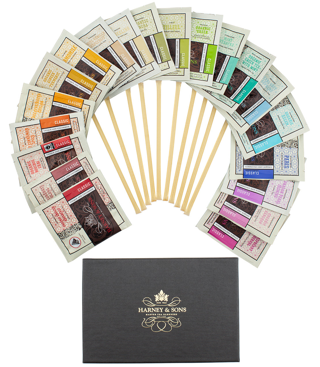 Assorted wrapped tea sachets and honey sampler from Harney & Sons, elegantly displayed in a fan shape.