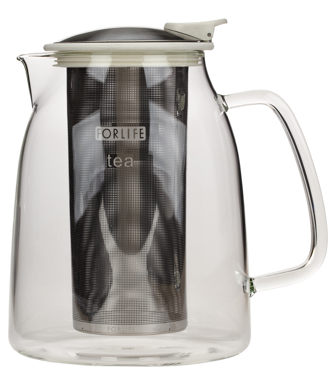 ForLife Mist Glass Iced Tea Jug, 68 oz, featuring a stainless steel infuser and a sleek design in assorted colors.