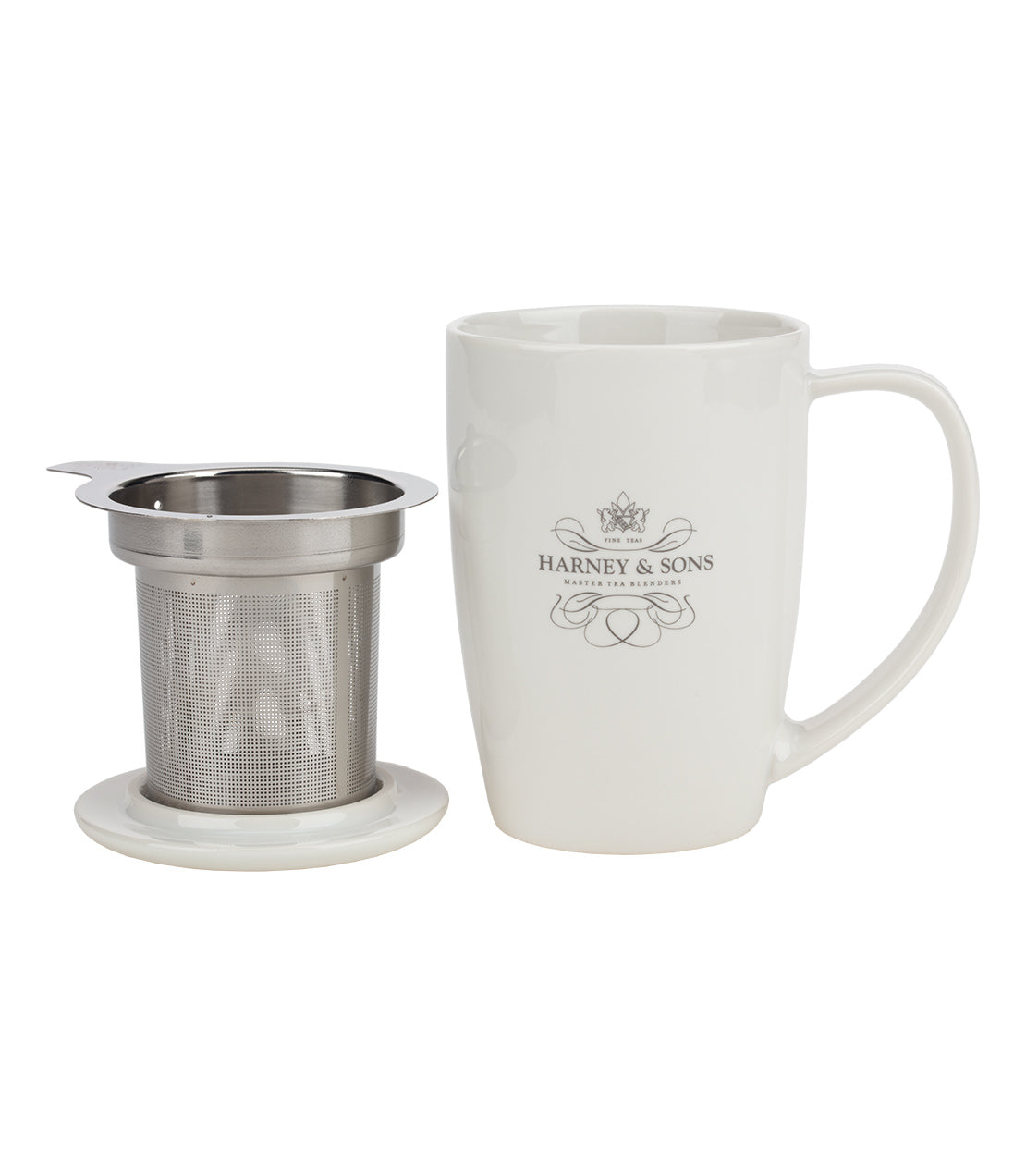 White Harney & Sons mug with a stainless steel infuser and matching saucer, perfect for brewing tea.