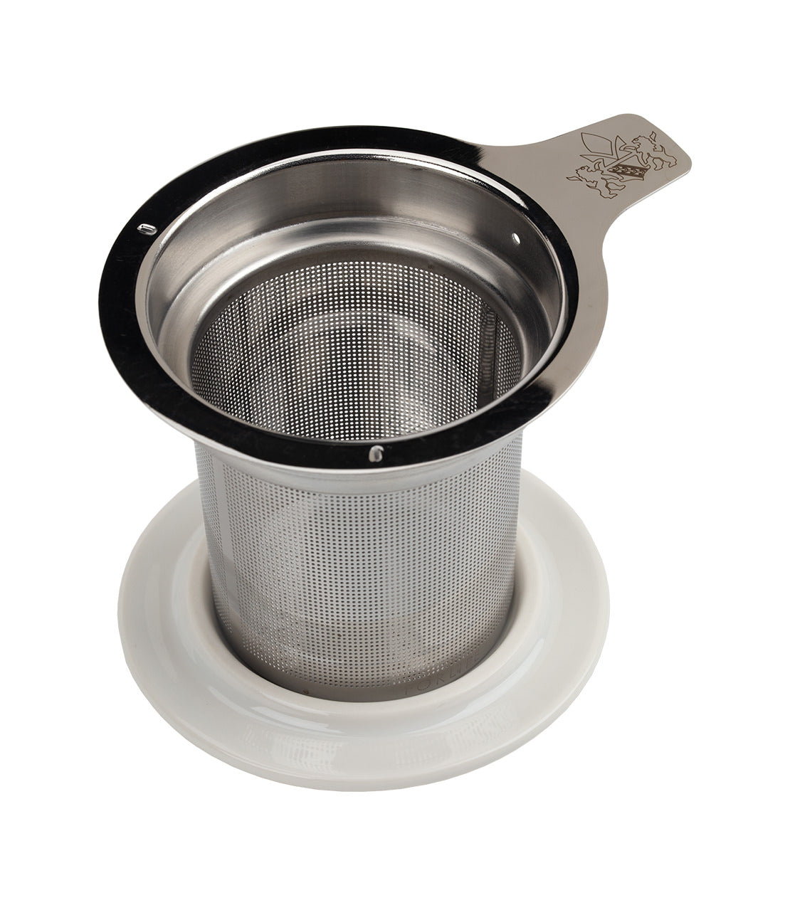 Harney & Sons mug with stainless steel infuser and white ceramic base for brewing loose leaf tea.