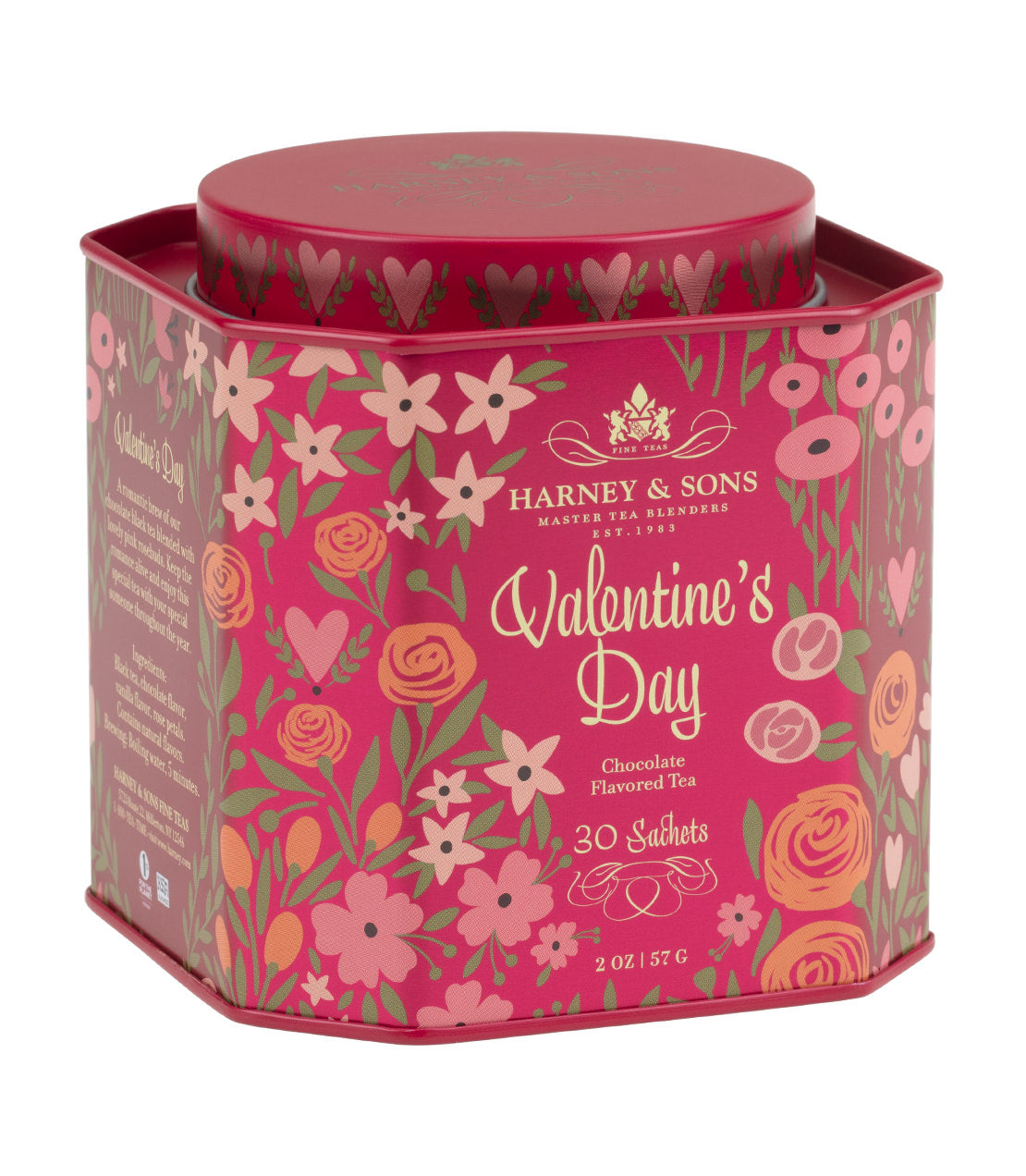 Valentine's Day tea tin featuring 30 chocolate-flavored sachets, adorned with floral designs and vibrant colors.