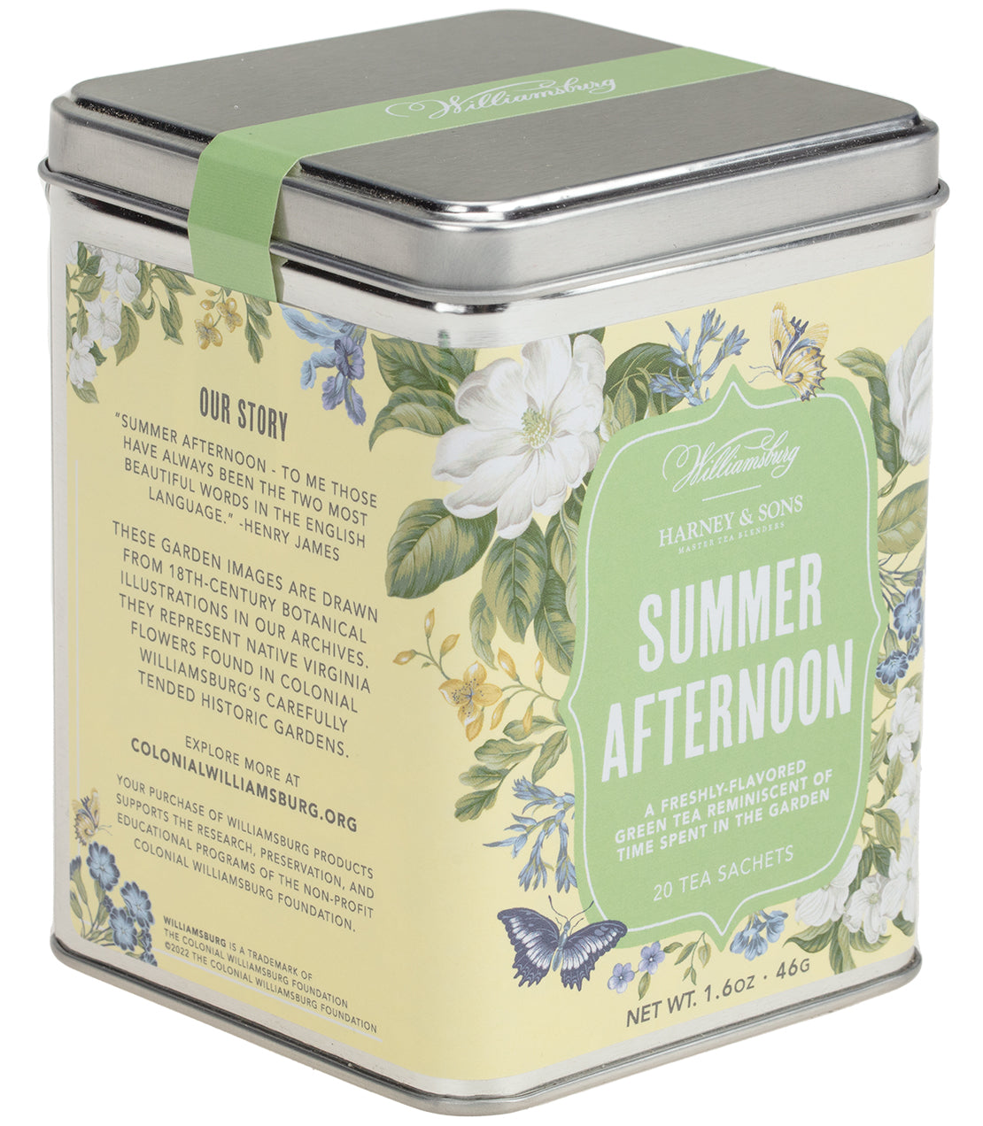 Williamsburg Summer Afternoon Tea tin featuring floral design, containing 20 tea sachets for a refreshing brew.