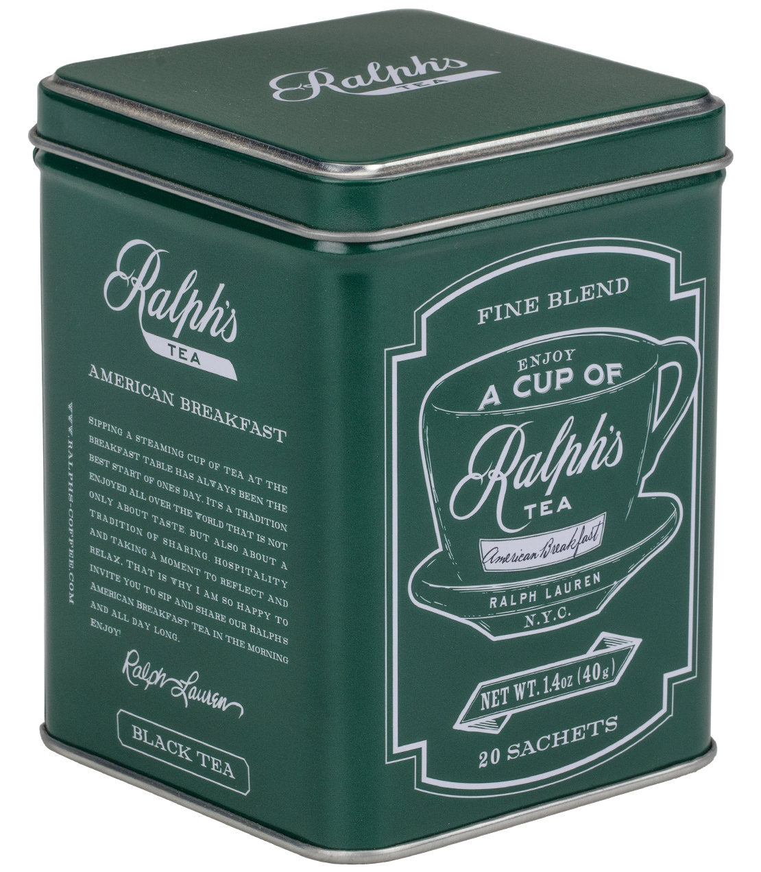 Green tin of Ralph's American Breakfast tea, containing 20 sachets, featuring a vintage-style design and branding.