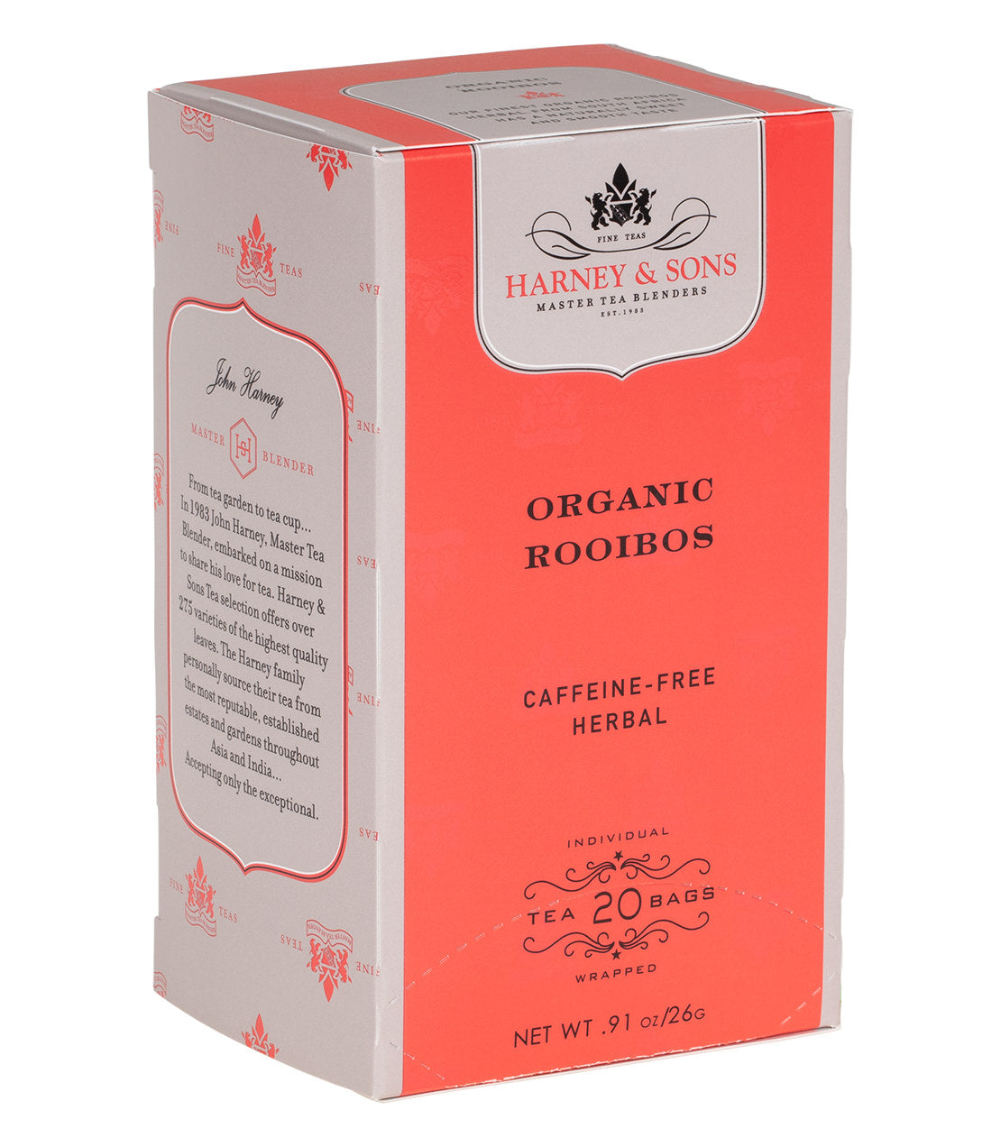 Box of 20 premium organic rooibos teabags, caffeine-free herbal tea by Harney & Sons.
