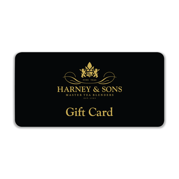 Harney & Sons digital gift card featuring elegant logo and "Gift Card" text on a black background.