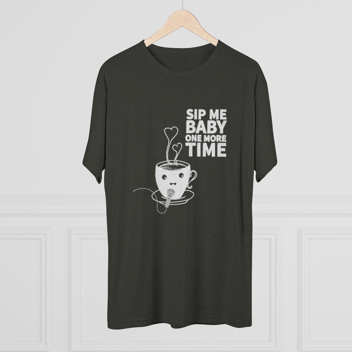 Dark green graphic tee featuring a cute coffee cup design with the text "Sip Me Baby One More Time.