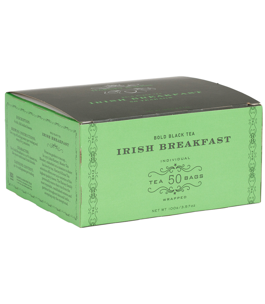 Box of 50 wrapped Irish Breakfast teabags, featuring bold black tea for a robust flavor. Perfect for tea lovers.