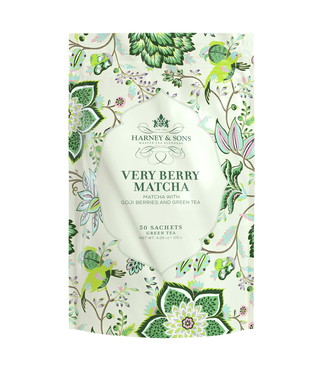 Harney & Sons Very Berry Matcha bag containing 50 sachets, featuring vibrant floral design and goji berries.