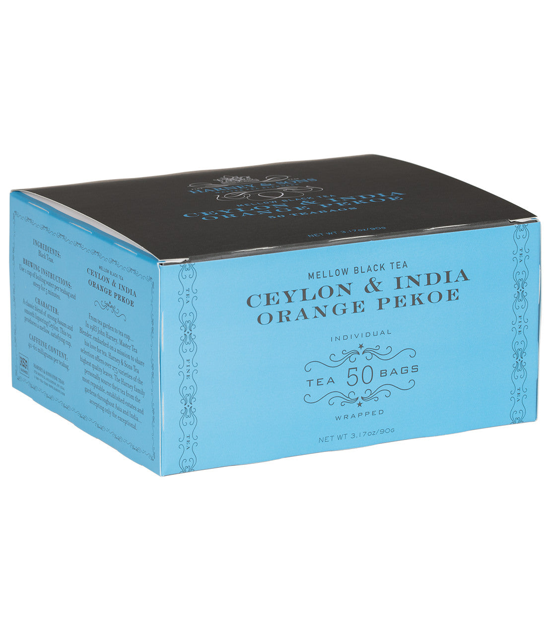 Box of 50 wrapped Orange Pekoe teabags, featuring a blue and black design, labeled Ceylon & India.