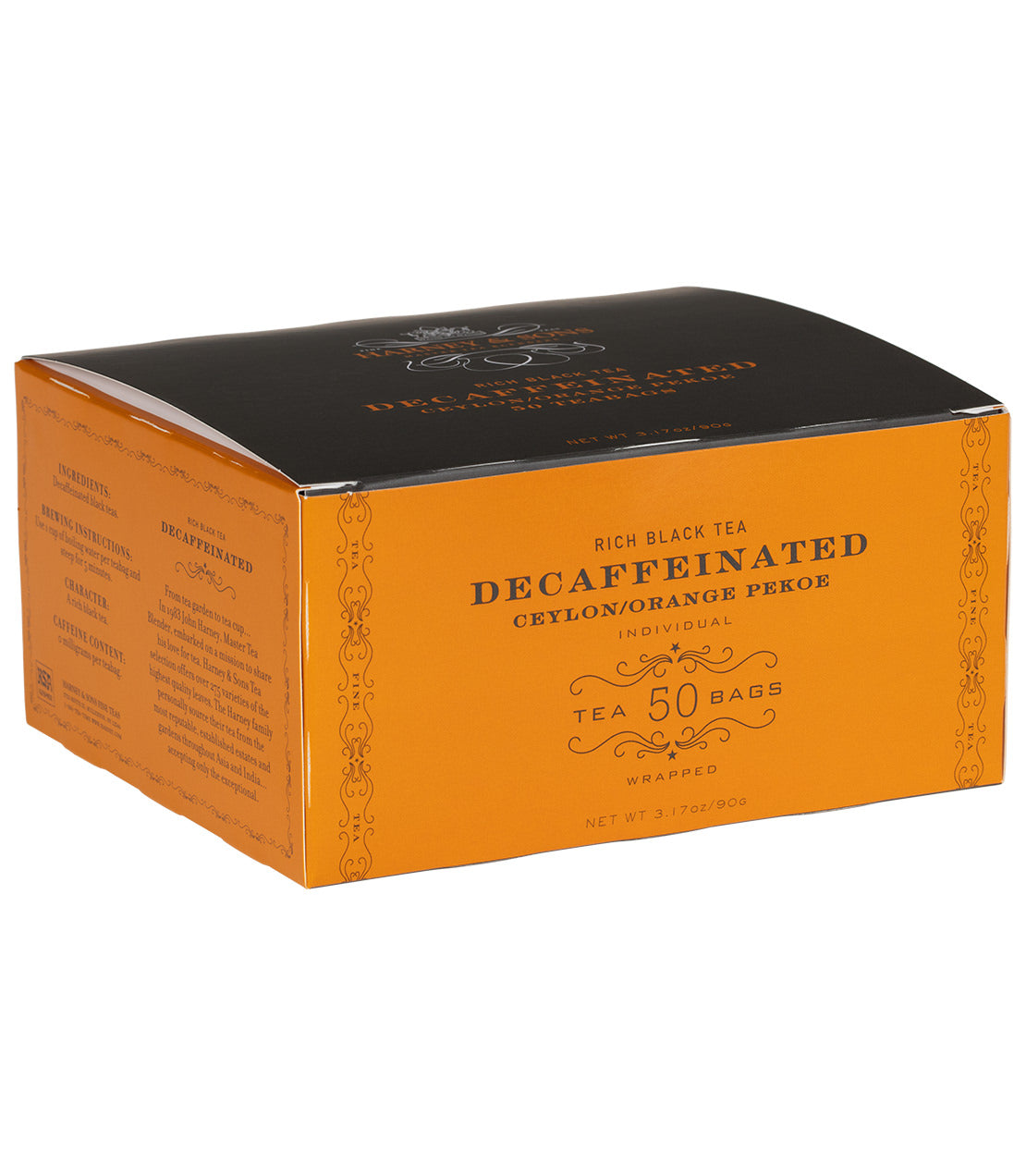 Box of 50 wrapped decaf Ceylon tea bags, featuring rich black tea in an elegant orange and black design.