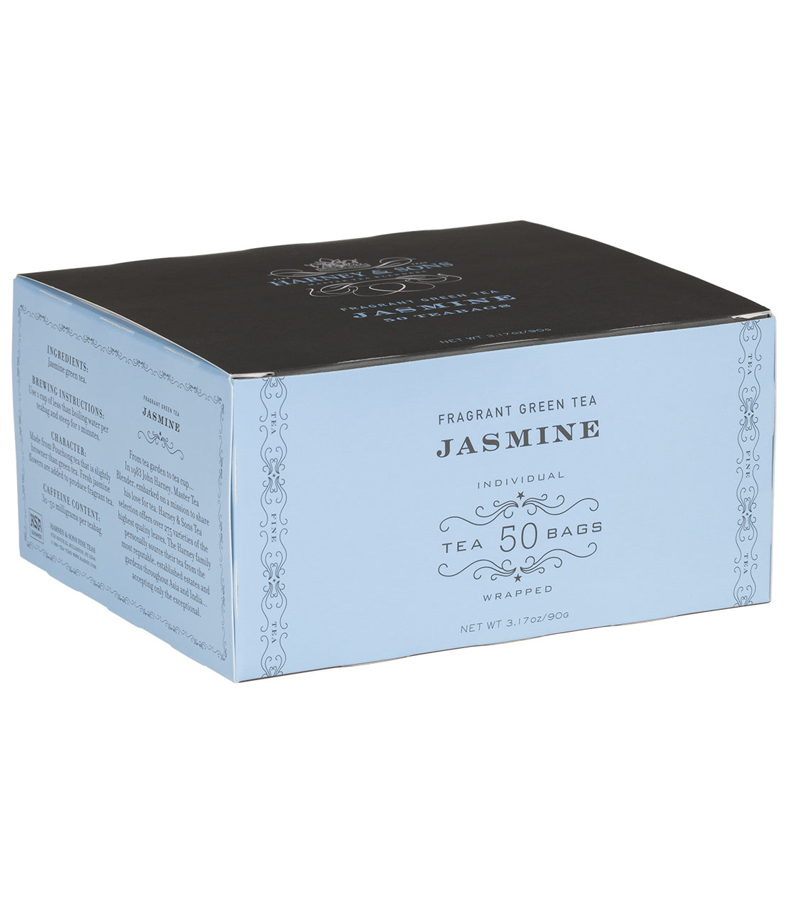 Box of 50 wrapped jasmine green tea bags, featuring elegant packaging and detailed product information.