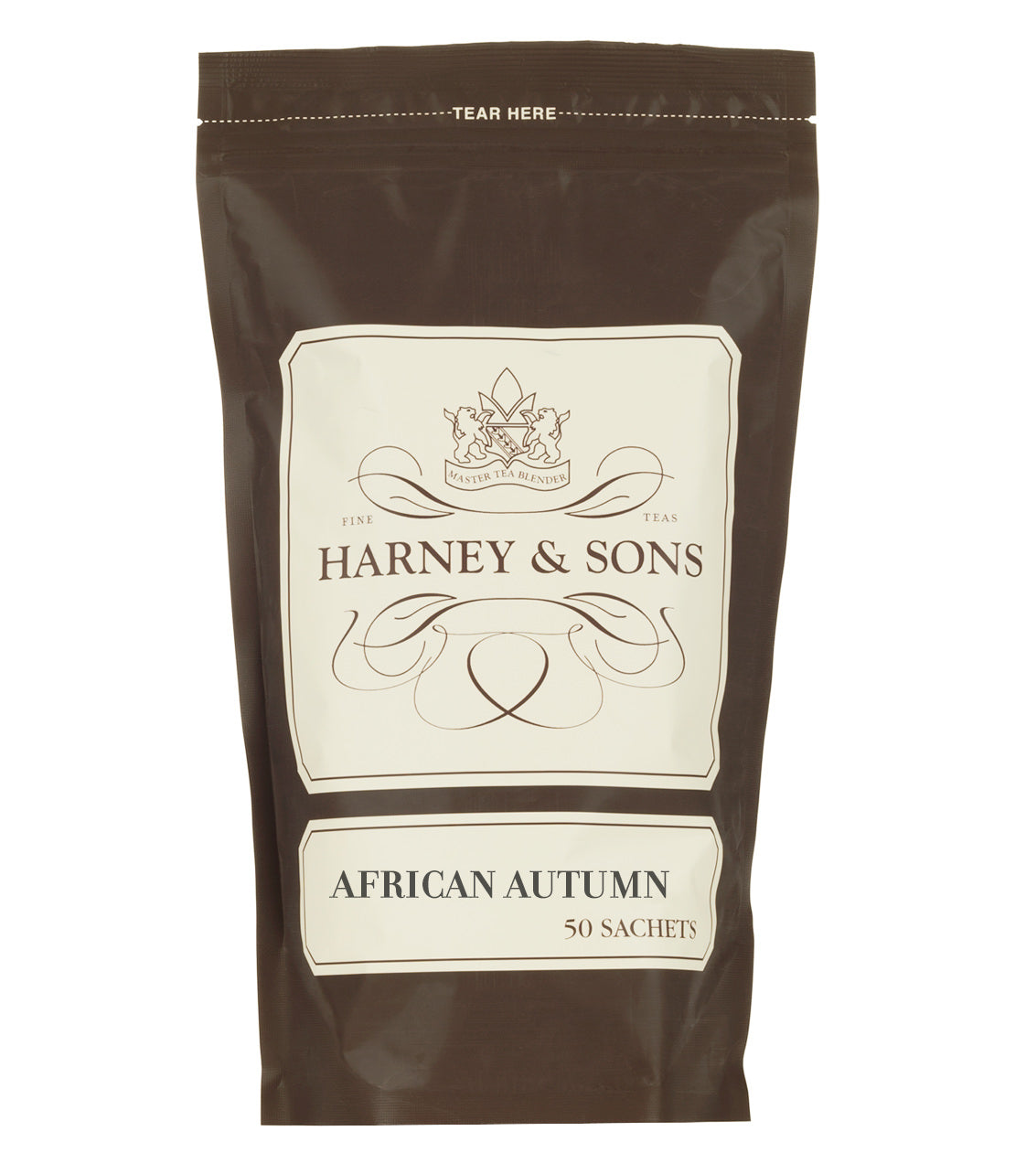 Harney & Sons African Autumn tea, 50 sachets in a brown bag, featuring elegant branding and product details.