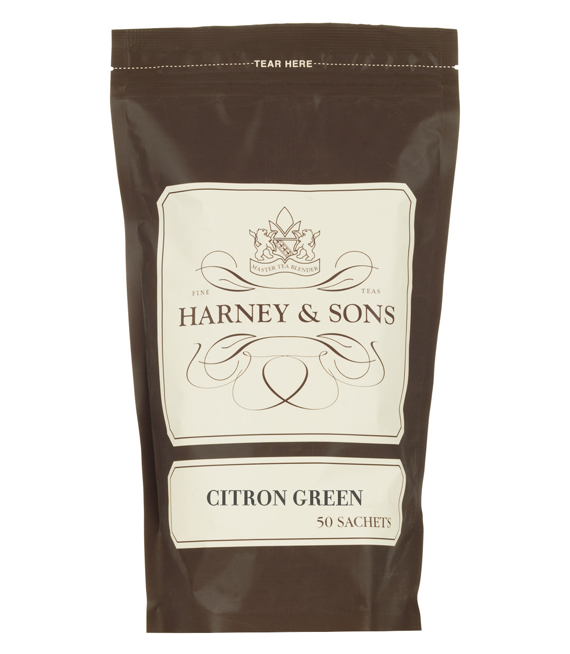 Harney & Sons Citron Green tea, 50 sachets in a resealable brown bag, featuring elegant branding.