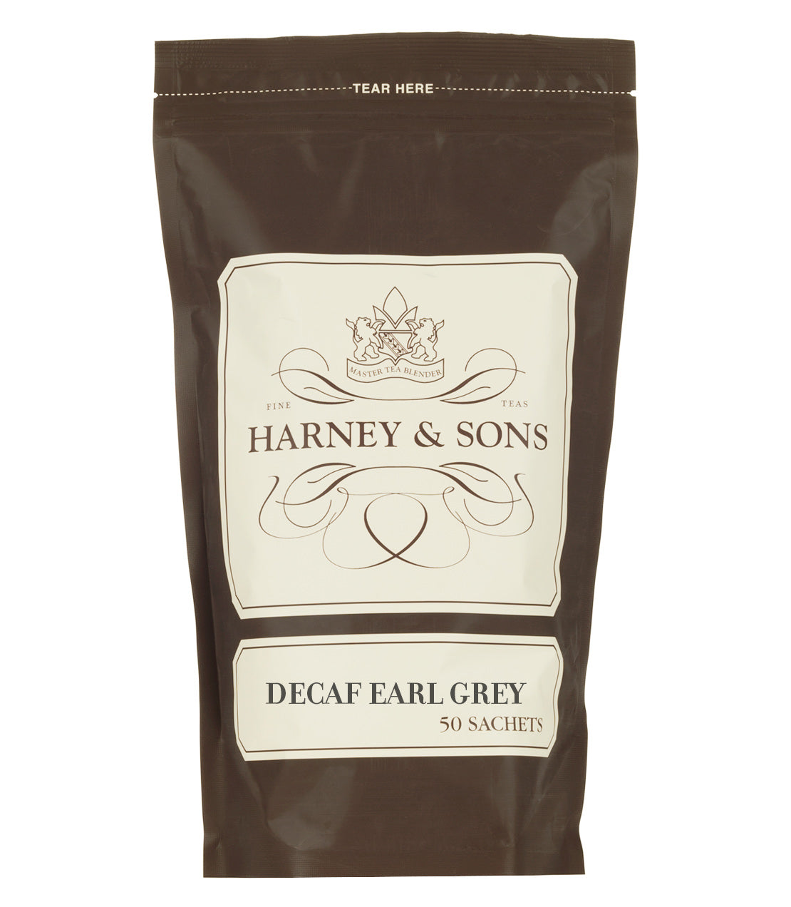 Harney & Sons Decaf Earl Grey tea bag package, featuring 50 sachets in a dark brown bag.