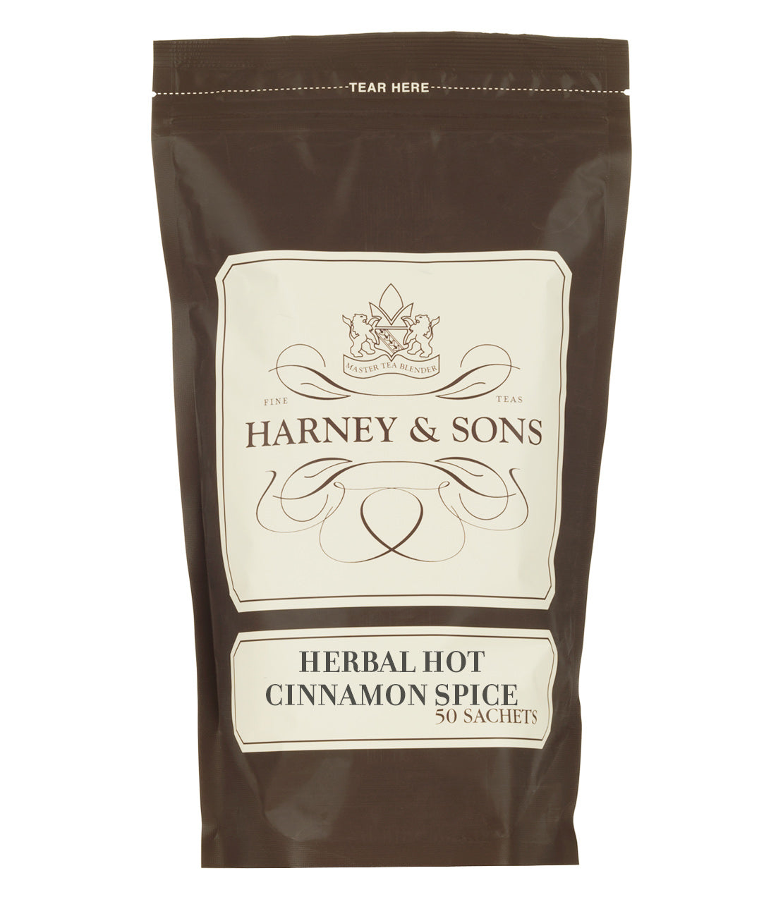 Brown packaging of Harney & Sons Herbal Hot Cinnamon Spice tea, featuring 50 sachets for brewing.