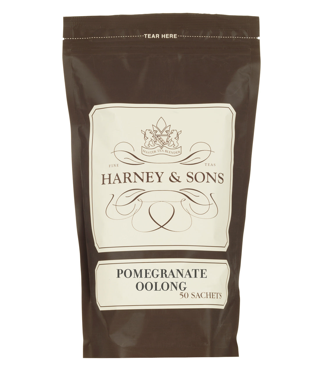 Pomegranate Oolong tea sachets by Harney & Sons, packaged in a 50-count bag for convenient brewing.