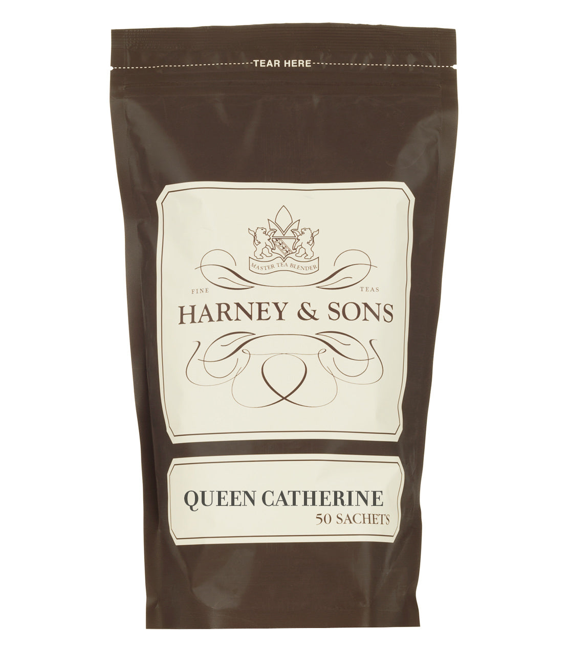 Harney & Sons Queen Catherine tea sachets, 50-count bag, featuring elegant packaging design.
