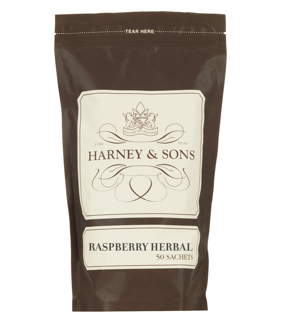 Brown packaging of Harney & Sons Raspberry Herbal tea featuring 50 sachets, with elegant branding and design.