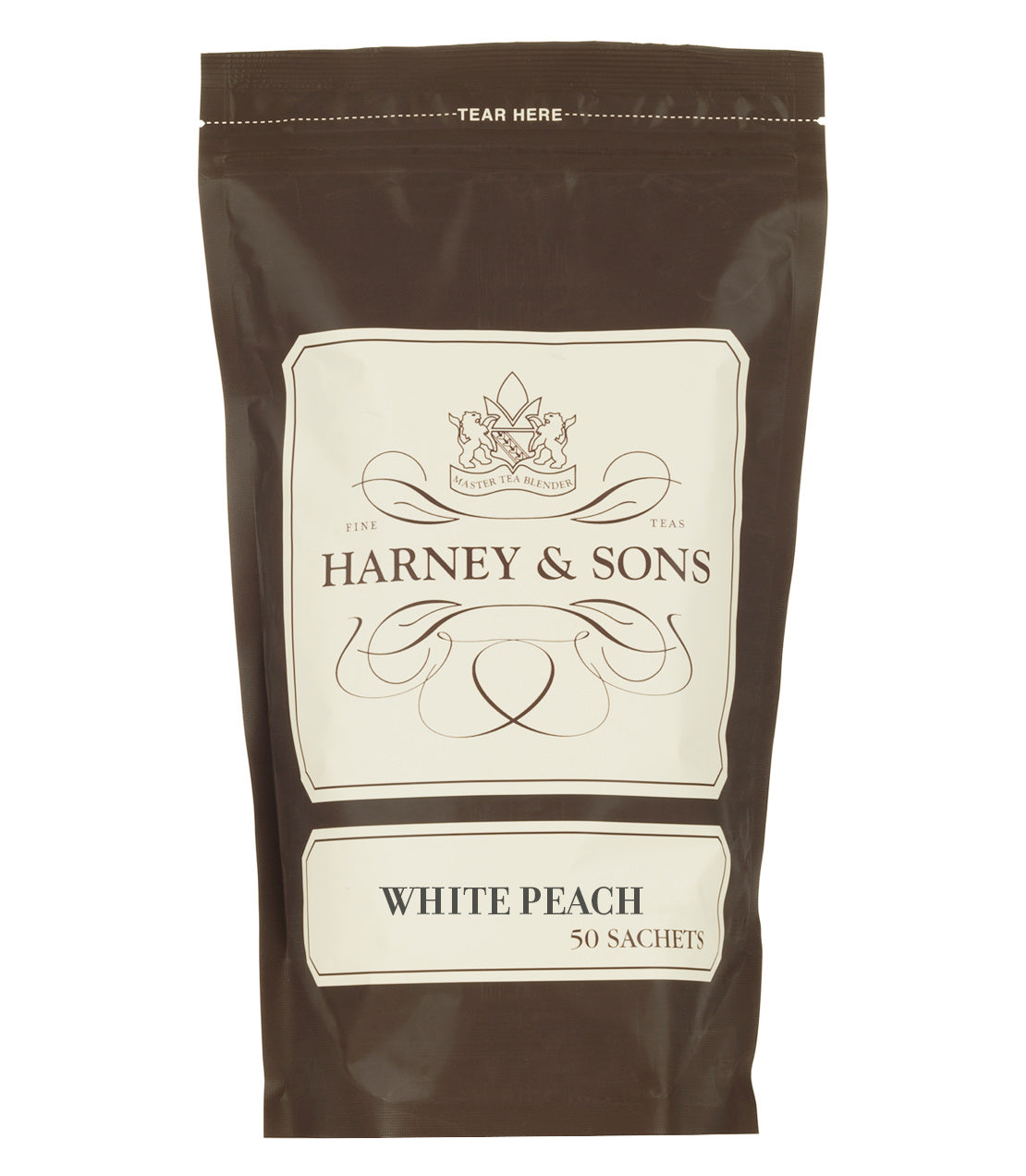 Harney & Sons White Peach tea, 50 sachets in a brown bag, featuring elegant branding and product details.