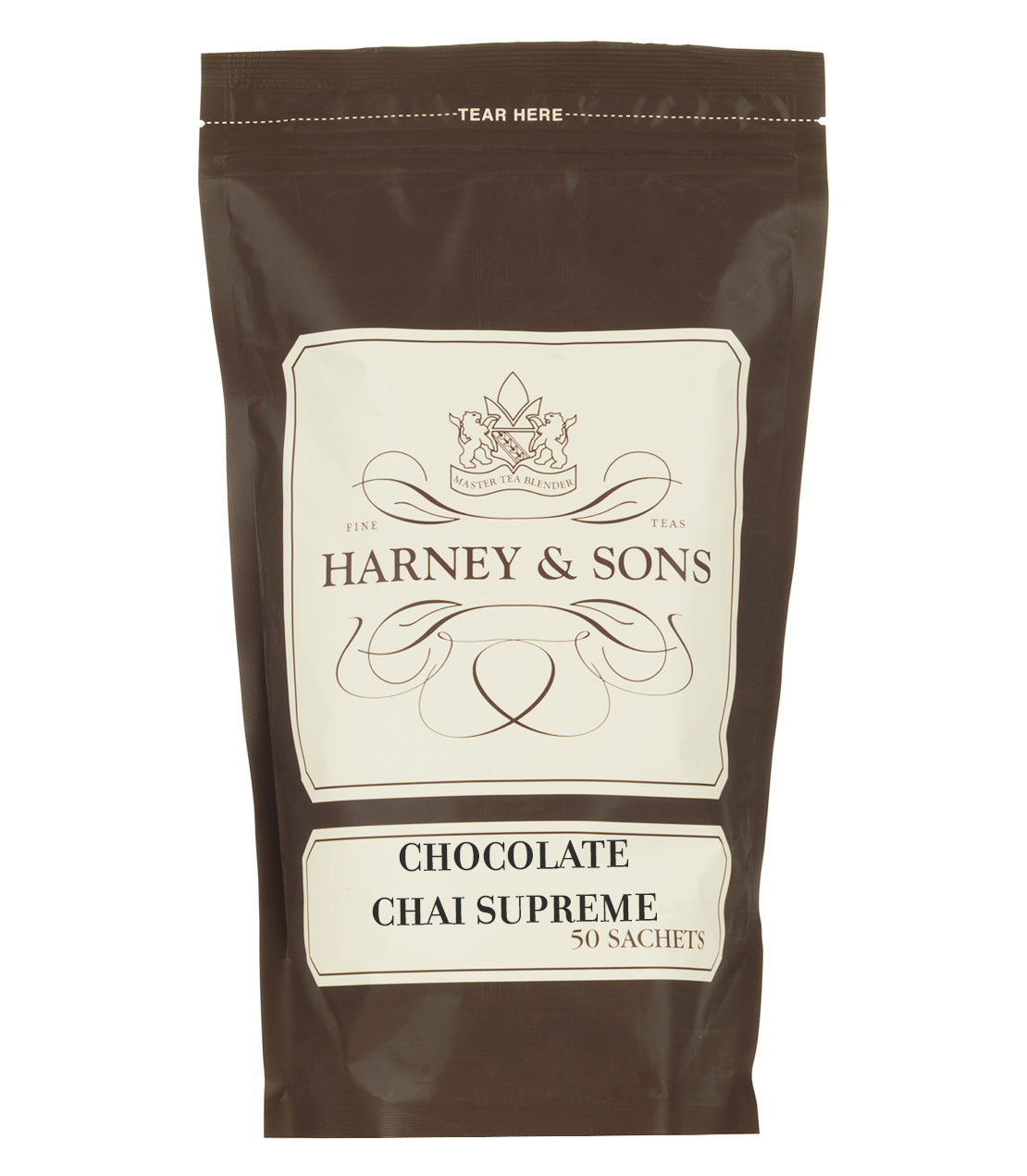 Harney & Sons Chocolate Chai Supreme tea bag packaging, featuring 50 sachets for a rich, flavorful experience.