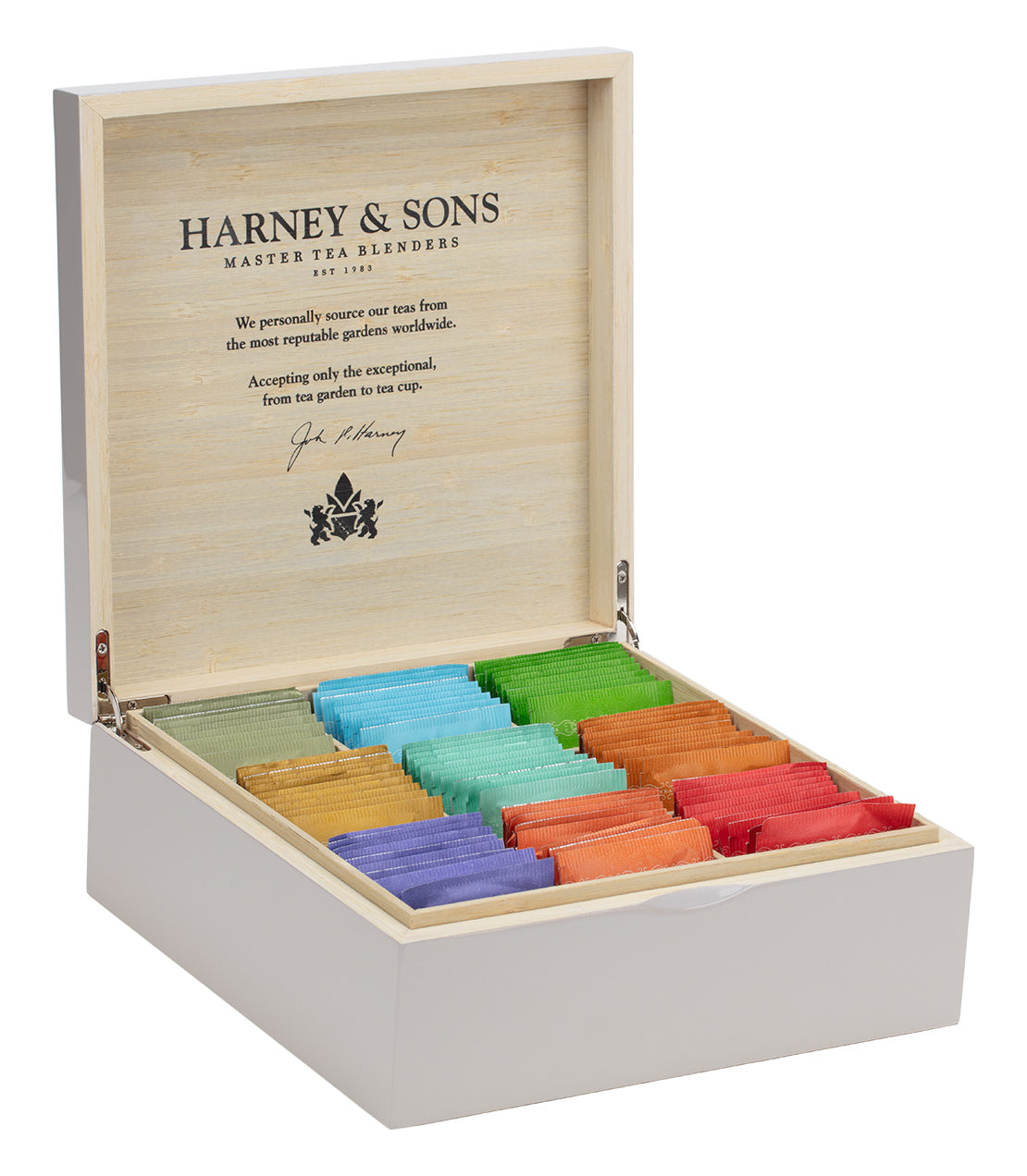 Taupe wooden heirloom tea chest with nine colorful tea bags organized inside, featuring a personalized message.