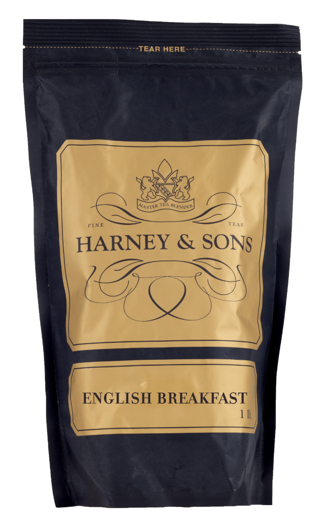 Black tea bag of Harney & Sons English Breakfast, featuring elegant gold and black packaging design.