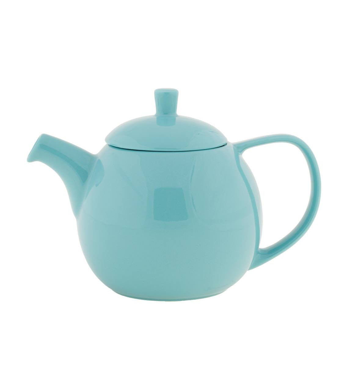 Turquoise Curve Teapot with Infuser, 24 oz capacity, featuring a smooth, rounded design and a matching lid.