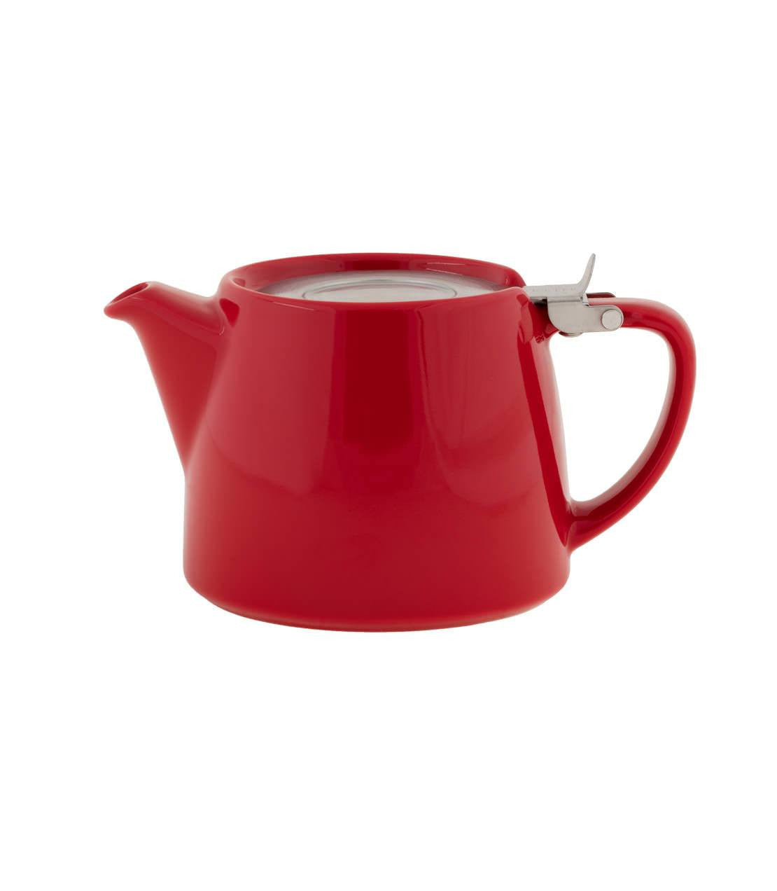 Red Stump Teapot with infuser, 18 oz capacity, featuring a modern design and sleek handle. Available in multiple colors.