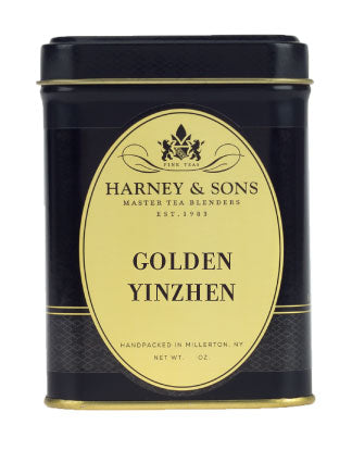 Black tin of Harney & Sons Golden Yinzhen tea, featuring elegant gold label and logo, 2 oz. size.